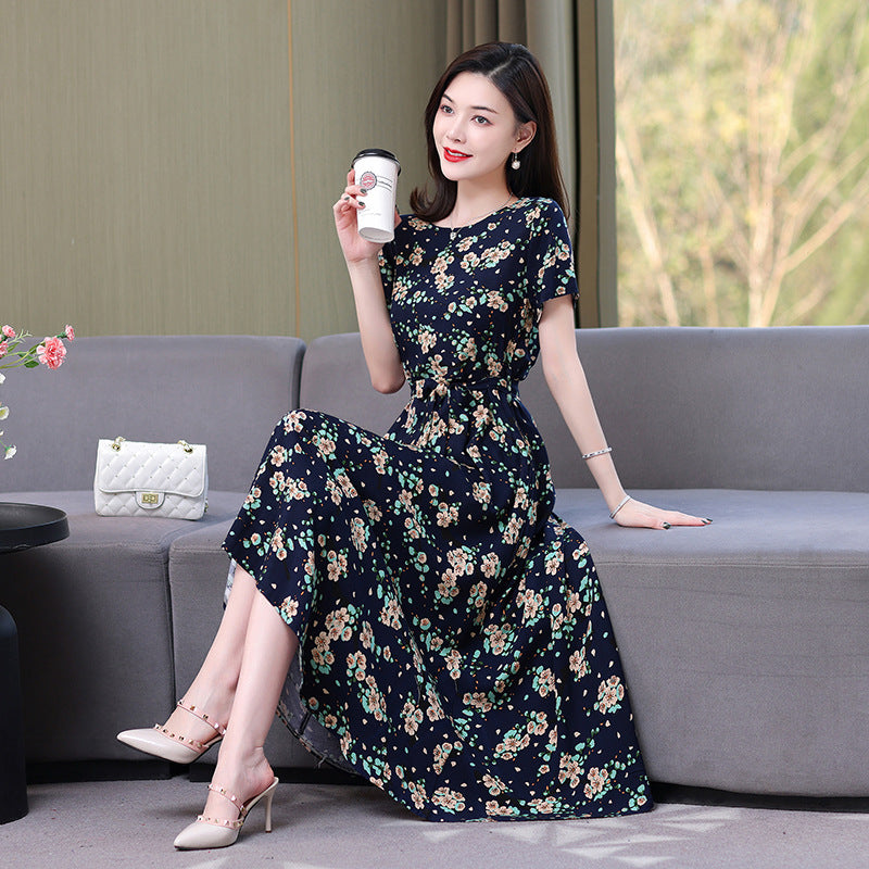 Artificial cotton silk dress women's clothing 2023 summer new middle-aged mother mid-length over-the-knee plus-size loose skirt