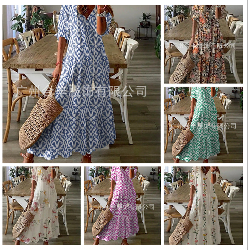 Cross-border European and American spring and summer new women's long-sleeved dress with tassels loose bohemian print V-neck dress