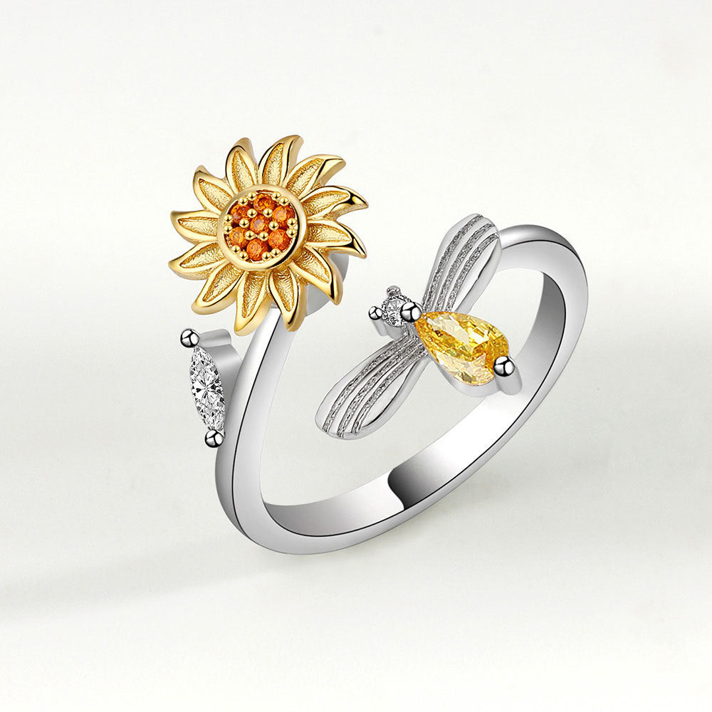European and American cross-border sunflower bee rotating ring adjustable open zircon ring decompression ring female