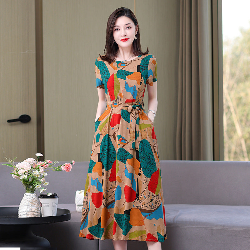 Artificial cotton silk dress women's clothing 2023 summer new middle-aged mother mid-length over-the-knee plus-size loose skirt
