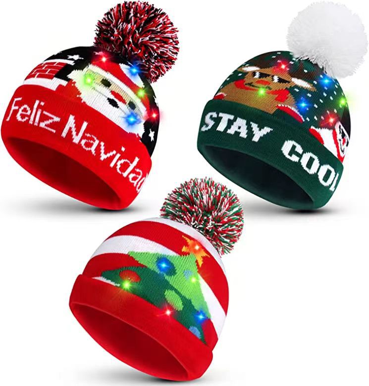 Genuine yarn all acrylic jacquard LED Christmas wool hat autumn and winter warm knitted Christmas hat