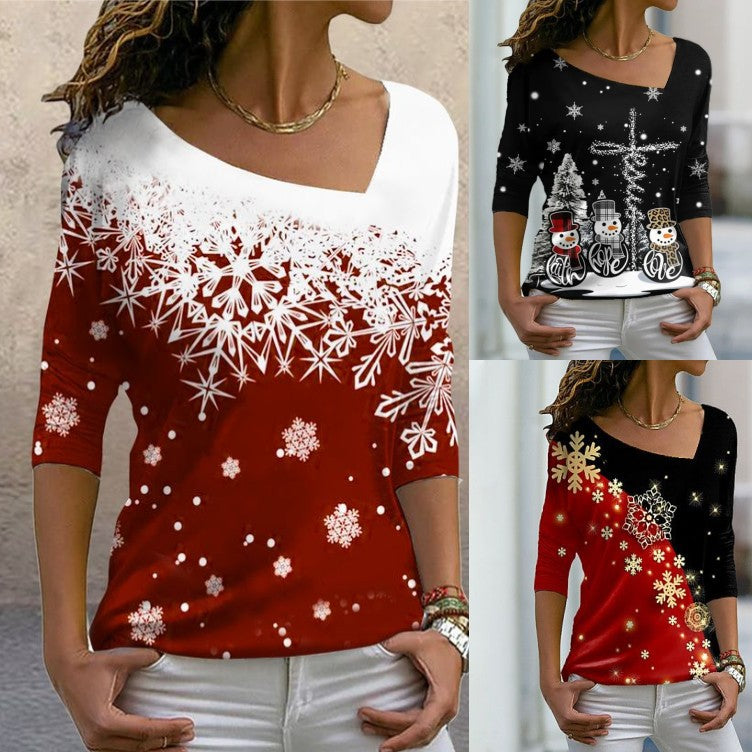 Christmas women's clothing 2022 new Christmas elements printed long-sleeved slanted collar pullover ladies T-shirt