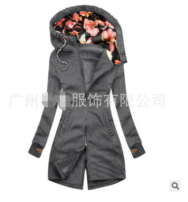 Q018 windbreaker autumn and winter with hood medium and long new slim fit thin casual foreign trade autumn and winter fashion jacket European and American women's clothing