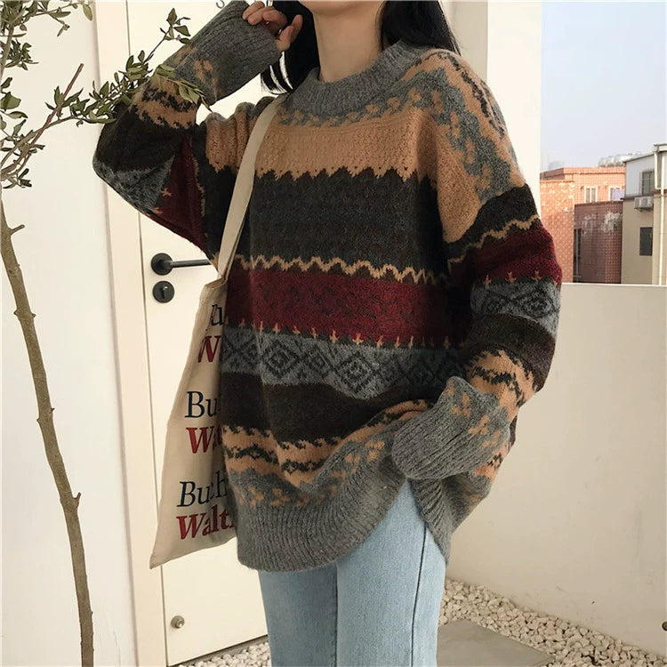 Vintage Sweaters Women Pullover Winter Striped Jumpers Korea