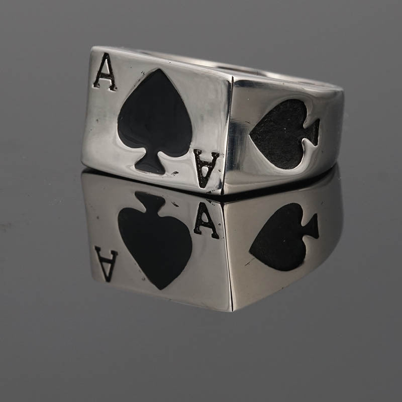 Hip-hop ins tide men European and American style hearts A spades A titanium steel ring ring men's lucky poker ring bracelet