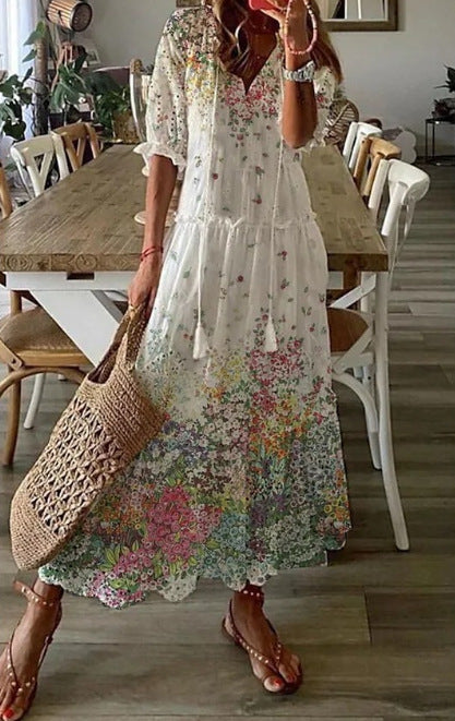 Cross-border European and American spring and summer new women's long-sleeved dress with tassels loose bohemian print V-neck dress