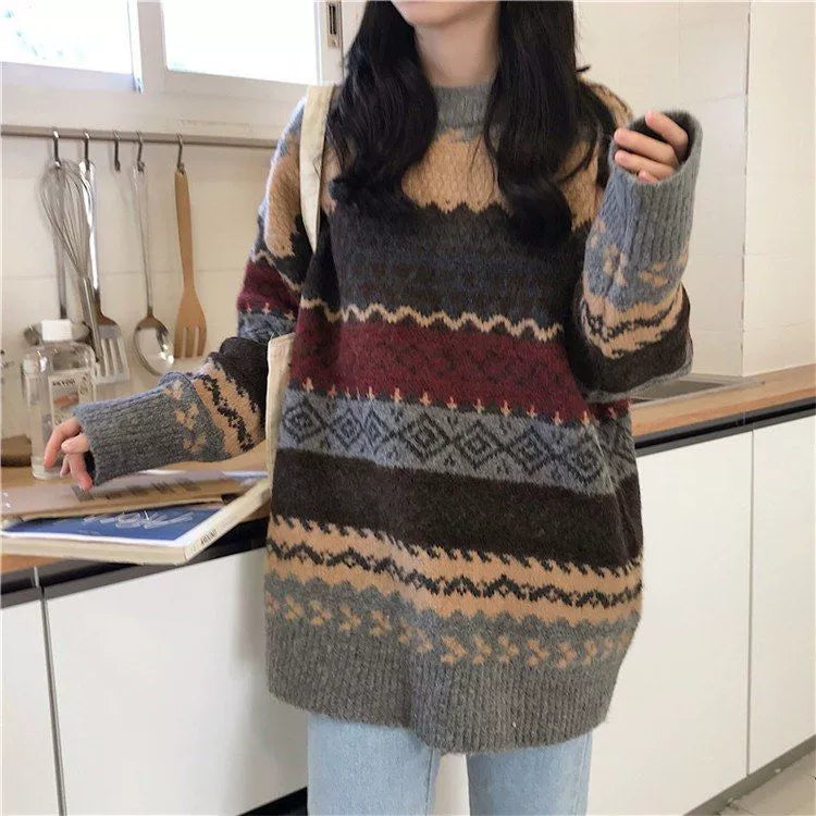 Vintage Sweaters Women Pullover Winter Striped Jumpers Korea