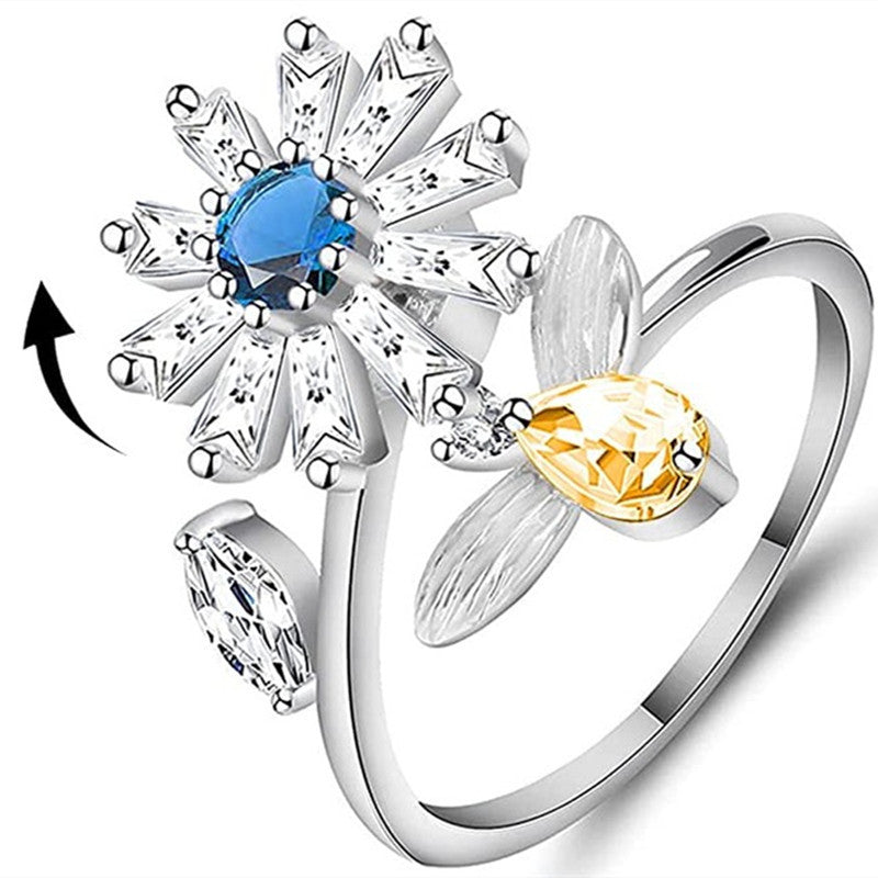 European and American cross-border sunflower bee rotating ring adjustable open zircon ring decompression ring female