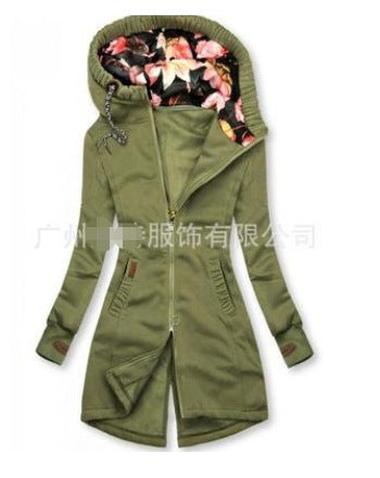 Q018 windbreaker autumn and winter with hood medium and long new slim fit thin casual foreign trade autumn and winter fashion jacket European and American women's clothing