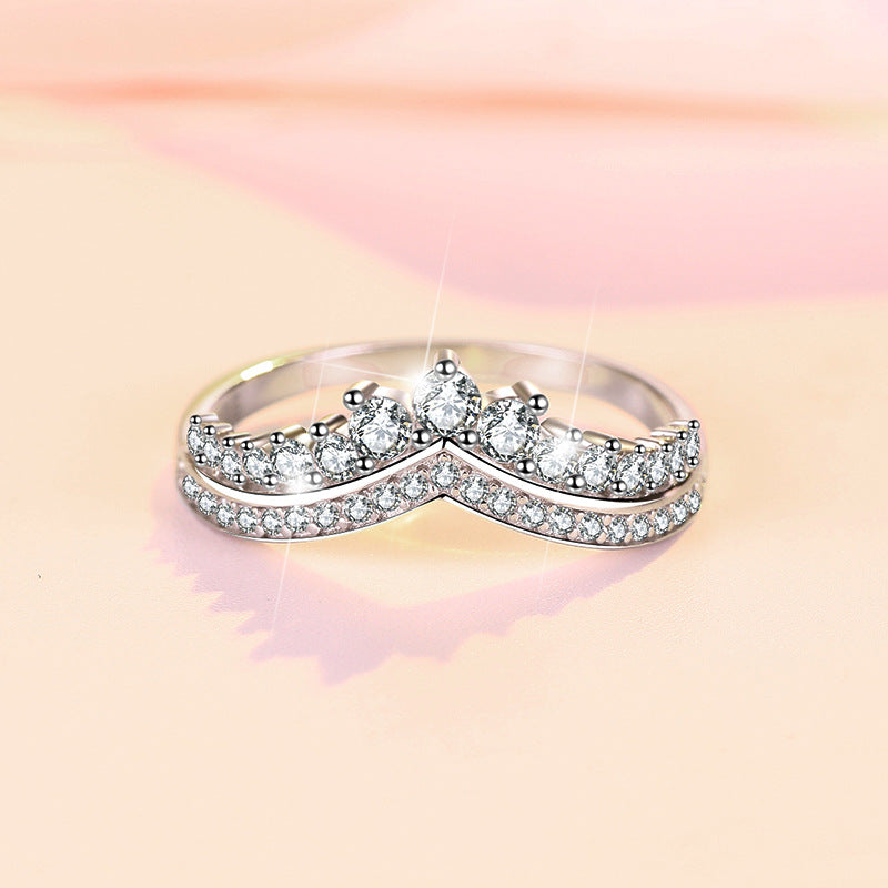 s925 sterling silver ring princess crown diamond ring female ring temperament girl ring stacked with a variety of hand jewelry silver jewelry