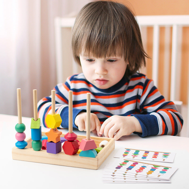 Cross-border wooden children's colorful five-column set column rainbow string beads geometric matching cognitive puzzle toys