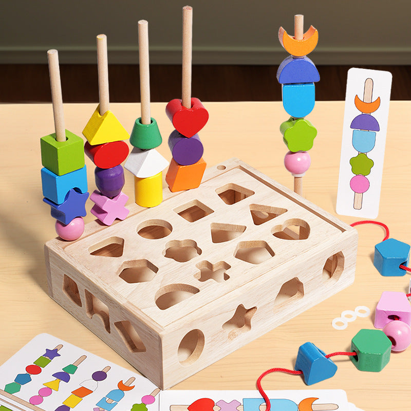 Cross-border wooden children's colorful five-column set column rainbow string beads geometric matching cognitive puzzle toys