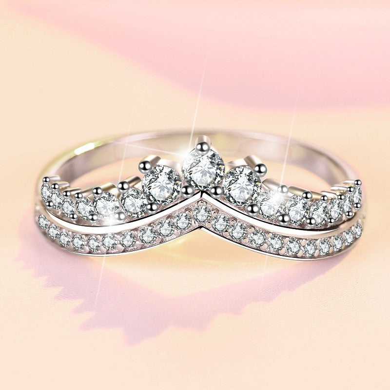 s925 sterling silver ring princess crown diamond ring female ring temperament girl ring stacked with a variety of hand jewelry silver jewelry