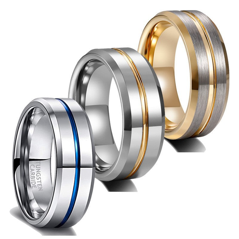 Cross-border jewelry supply groove ring bevel tungsten gold ring width 6/8mm tungsten steel ring trendy men's jewelry men's ring