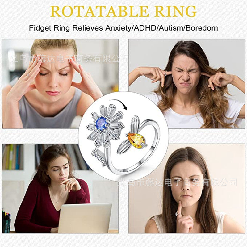 European and American cross-border sunflower bee rotating ring adjustable open zircon ring decompression ring female