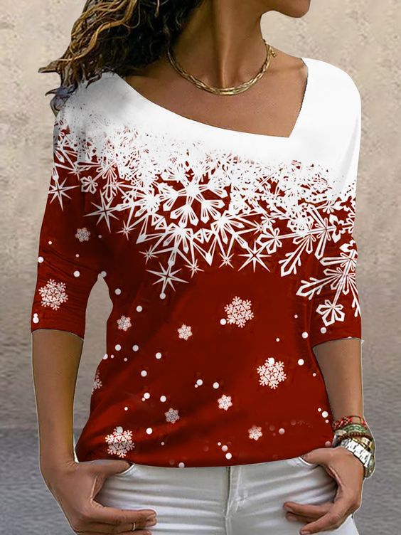 Christmas women's clothing 2022 new Christmas elements printed long-sleeved slanted collar pullover ladies T-shirt