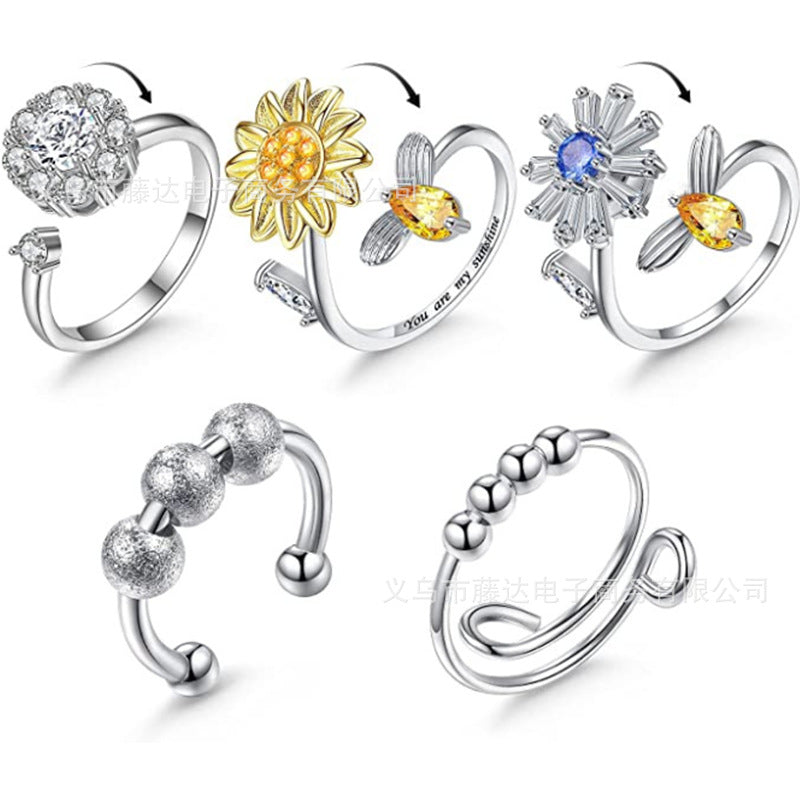 European and American cross-border sunflower bee rotating ring adjustable open zircon ring decompression ring female