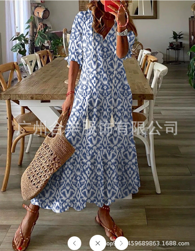 Cross-border European and American spring and summer new women's long-sleeved dress with tassels loose bohemian print V-neck dress