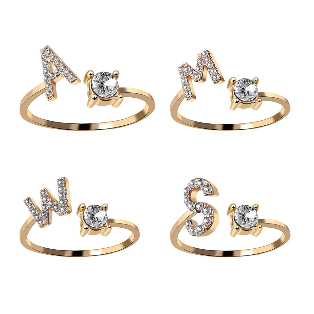 Cross-border explosive ring jewelry creative ladies ring adjustable opening ring 26 letter ring wholesale