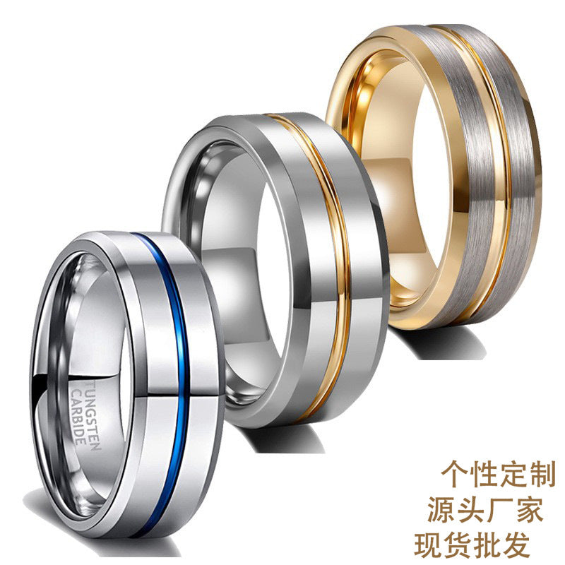Cross-border jewelry supply groove ring bevel tungsten gold ring width 6/8mm tungsten steel ring trendy men's jewelry men's ring