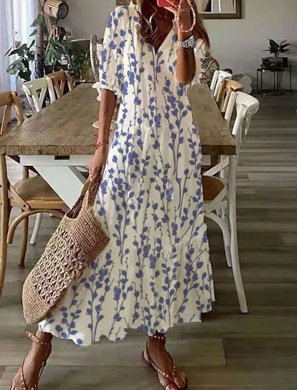 Cross-border European and American spring and summer new women's long-sleeved dress with tassels loose bohemian print V-neck dress