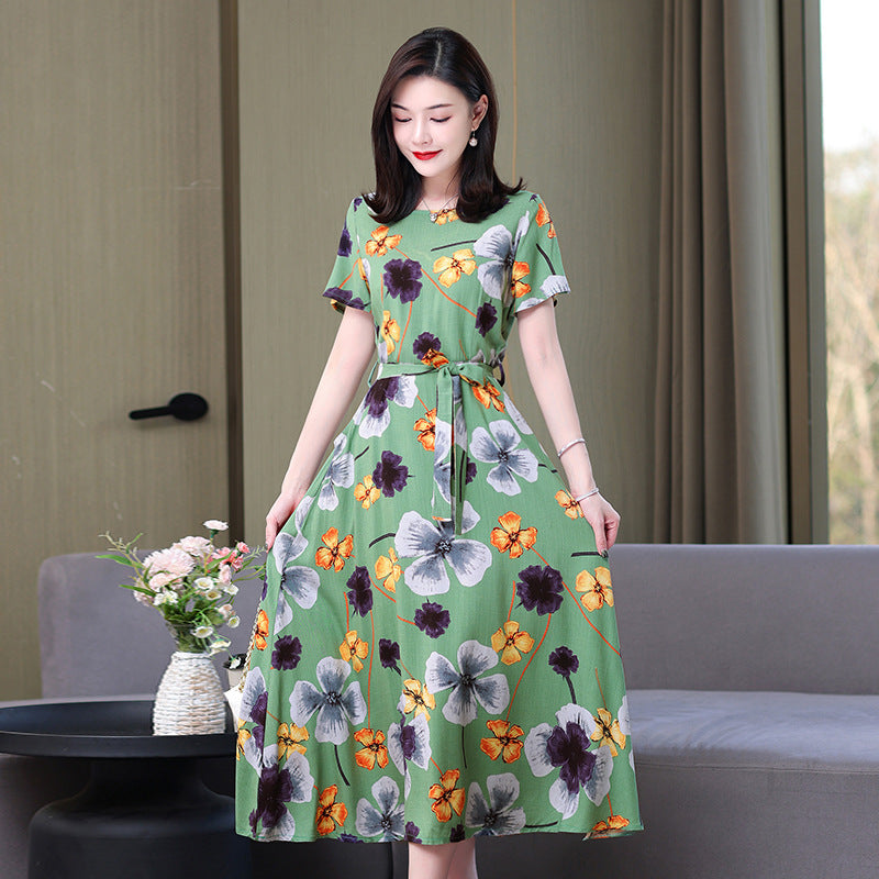 Artificial cotton silk dress women's clothing 2023 summer new middle-aged mother mid-length over-the-knee plus-size loose skirt