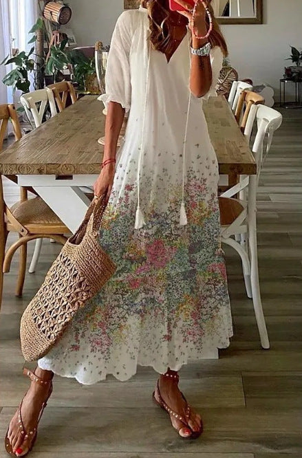 Cross-border European and American spring and summer new women's long-sleeved dress with tassels loose bohemian print V-neck dress
