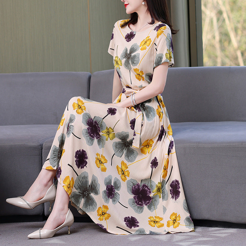 Artificial cotton silk dress women's clothing 2023 summer new middle-aged mother mid-length over-the-knee plus-size loose skirt