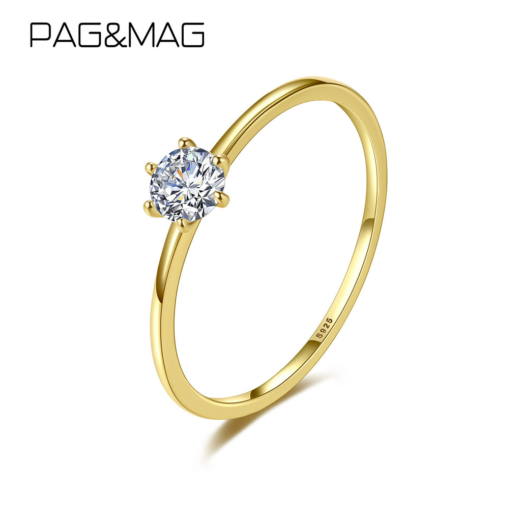 PAG&MAG simple ring Korean S925 silver ring gold ring inlaid six-claw zircon wedding ring engagement props