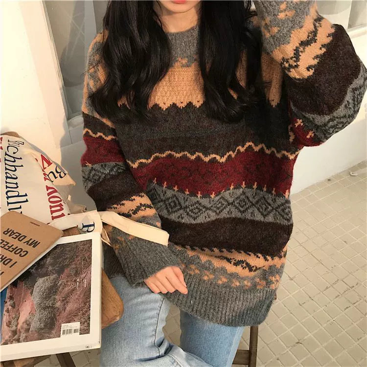 Vintage Sweaters Women Pullover Winter Striped Jumpers Korea