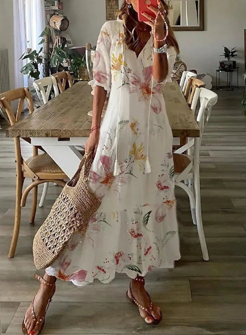 Cross-border European and American spring and summer new women's long-sleeved dress with tassels loose bohemian print V-neck dress