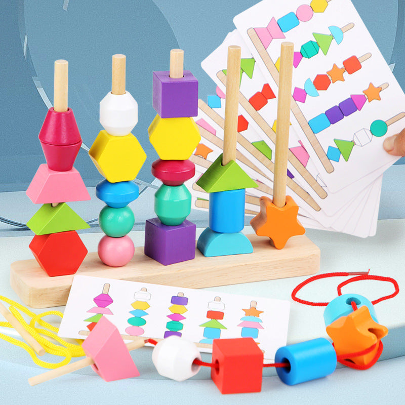Cross-border wooden children's colorful five-column set column rainbow string beads geometric matching cognitive puzzle toys