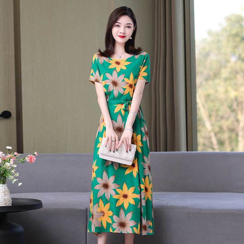 Artificial cotton silk dress women's clothing 2023 summer new middle-aged mother mid-length over-the-knee plus-size loose skirt