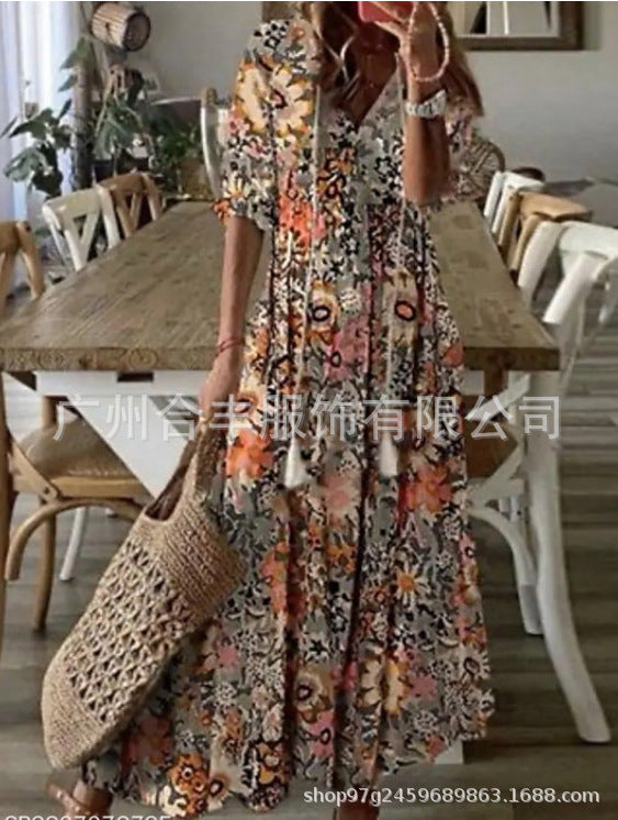 Cross-border European and American spring and summer new women's long-sleeved dress with tassels loose bohemian print V-neck dress