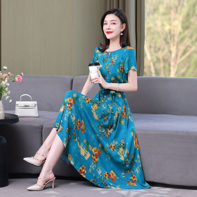Artificial cotton silk dress women's clothing 2023 summer new middle-aged mother mid-length over-the-knee plus-size loose skirt