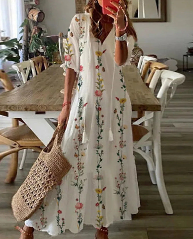 Cross-border European and American spring and summer new women's long-sleeved dress with tassels loose bohemian print V-neck dress