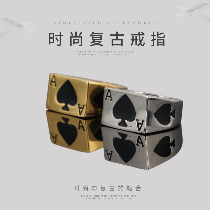 Hip-hop ins tide men European and American style hearts A spades A titanium steel ring ring men's lucky poker ring bracelet