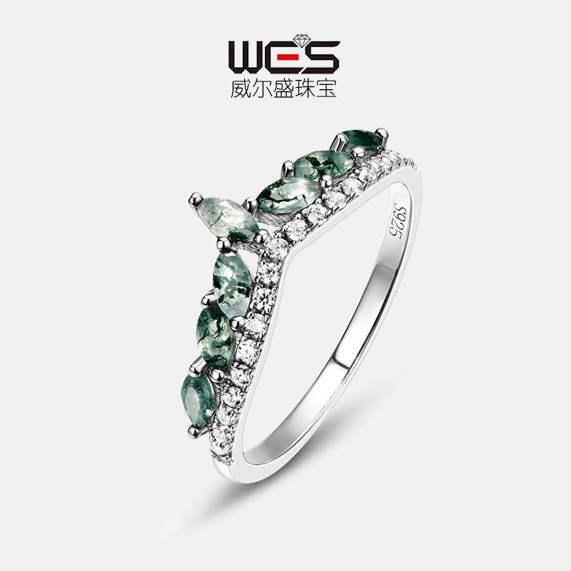 Cross-border new products exclusively for S925 silver green moss ring water grass agate jewelry noble light luxury fashion European and American style