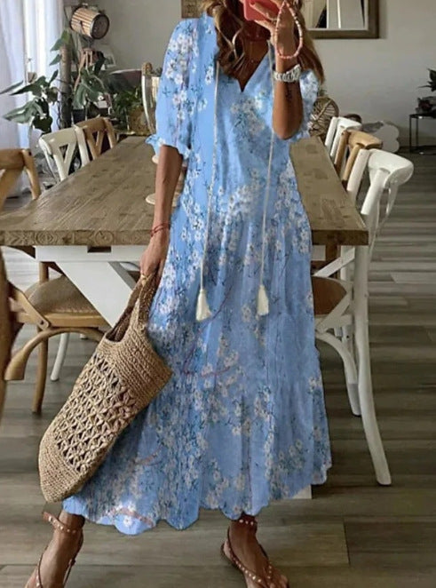 Cross-border European and American spring and summer new women's long-sleeved dress with tassels loose bohemian print V-neck dress