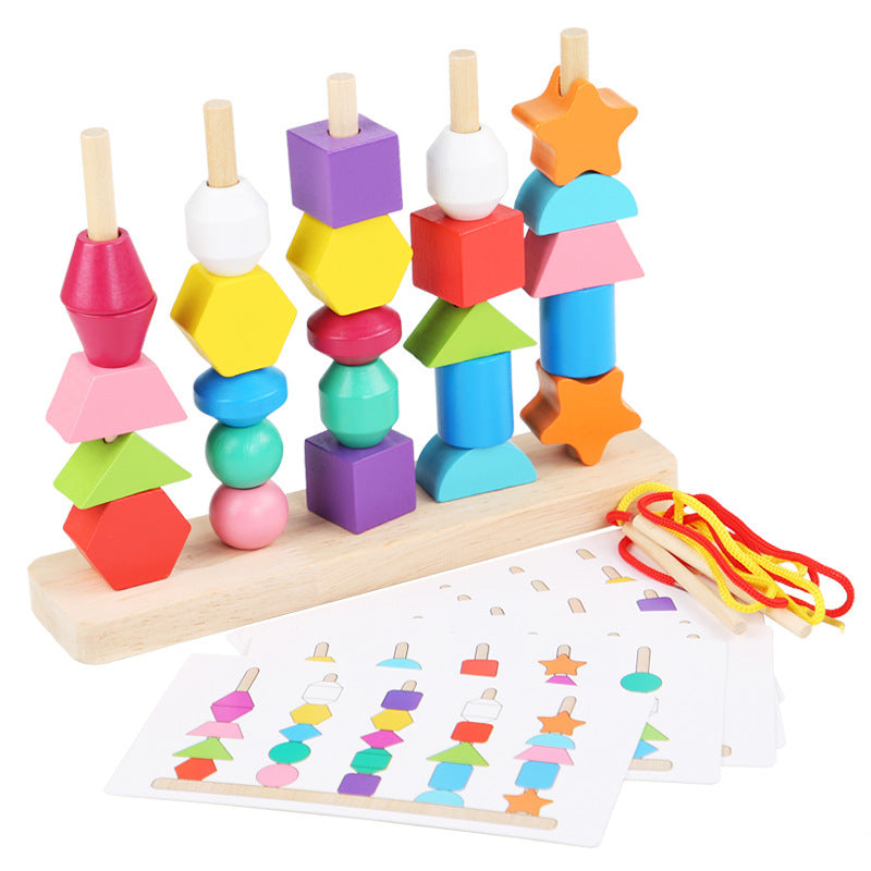 Cross-border wooden children's colorful five-column set column rainbow string beads geometric matching cognitive puzzle toys