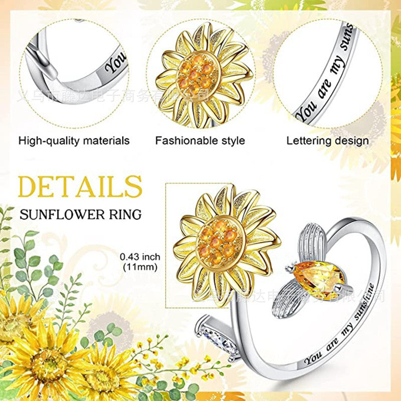 European and American cross-border sunflower bee rotating ring adjustable open zircon ring decompression ring female