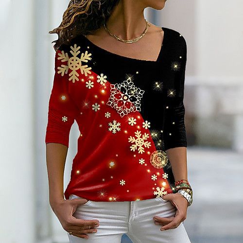 Christmas women's clothing 2022 new Christmas elements printed long-sleeved slanted collar pullover ladies T-shirt