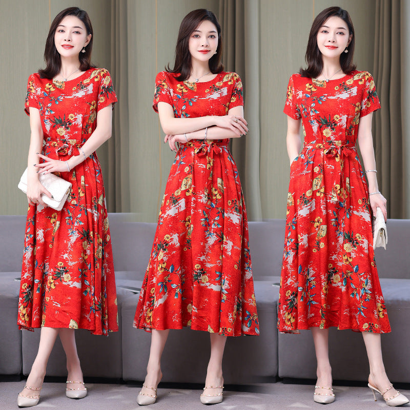 Artificial cotton silk dress women's clothing 2023 summer new middle-aged mother mid-length over-the-knee plus-size loose skirt