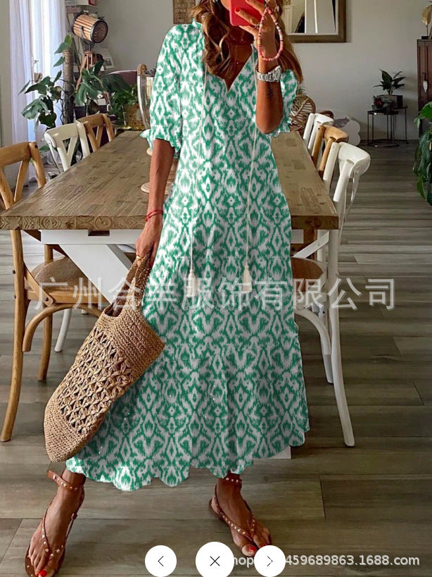 Cross-border European and American spring and summer new women's long-sleeved dress with tassels loose bohemian print V-neck dress