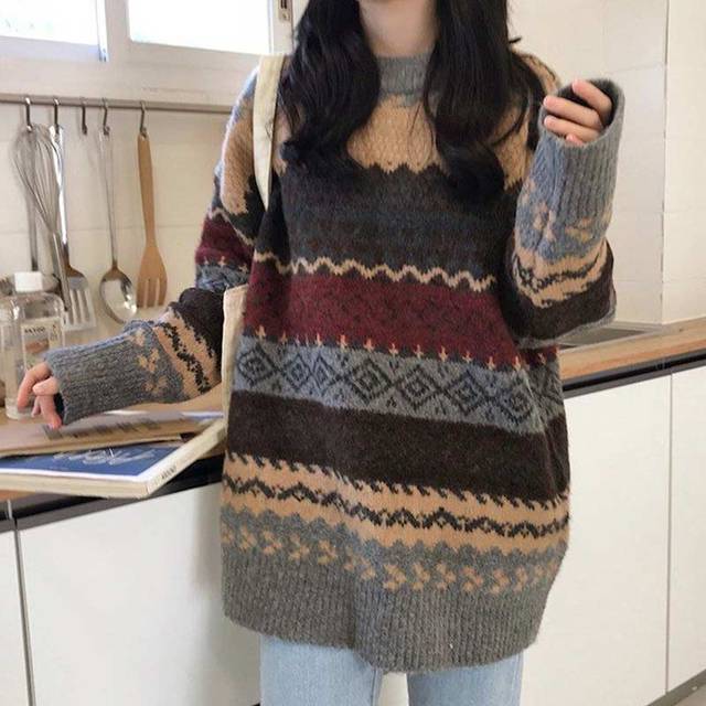 Vintage Sweaters Women Pullover Winter Striped Jumpers Korea