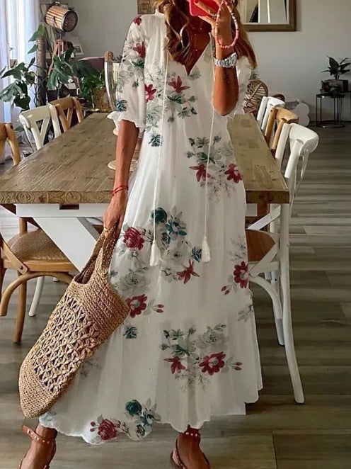 Cross-border European and American spring and summer new women's long-sleeved dress with tassels loose bohemian print V-neck dress