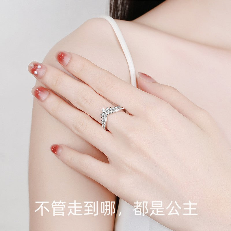 s925 sterling silver ring princess crown diamond ring female ring temperament girl ring stacked with a variety of hand jewelry silver jewelry