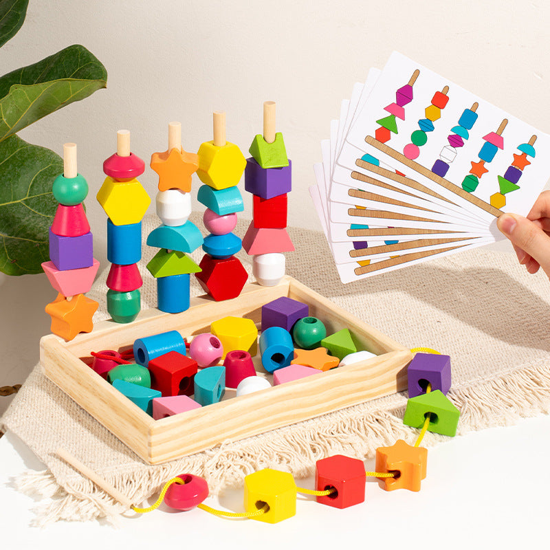 Cross-border wooden children's colorful five-column set column rainbow string beads geometric matching cognitive puzzle toys