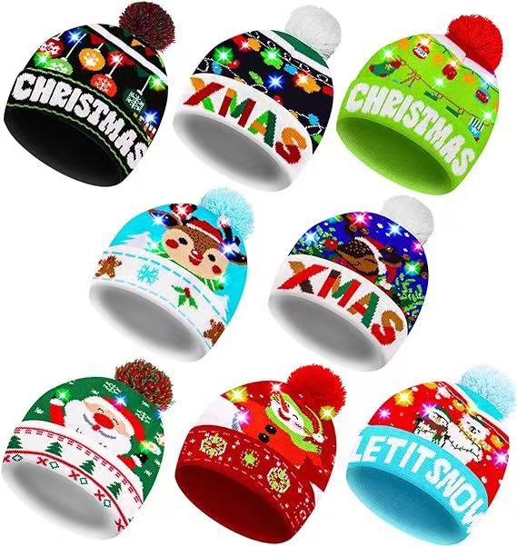 Genuine yarn all acrylic jacquard LED Christmas wool hat autumn and winter warm knitted Christmas hat