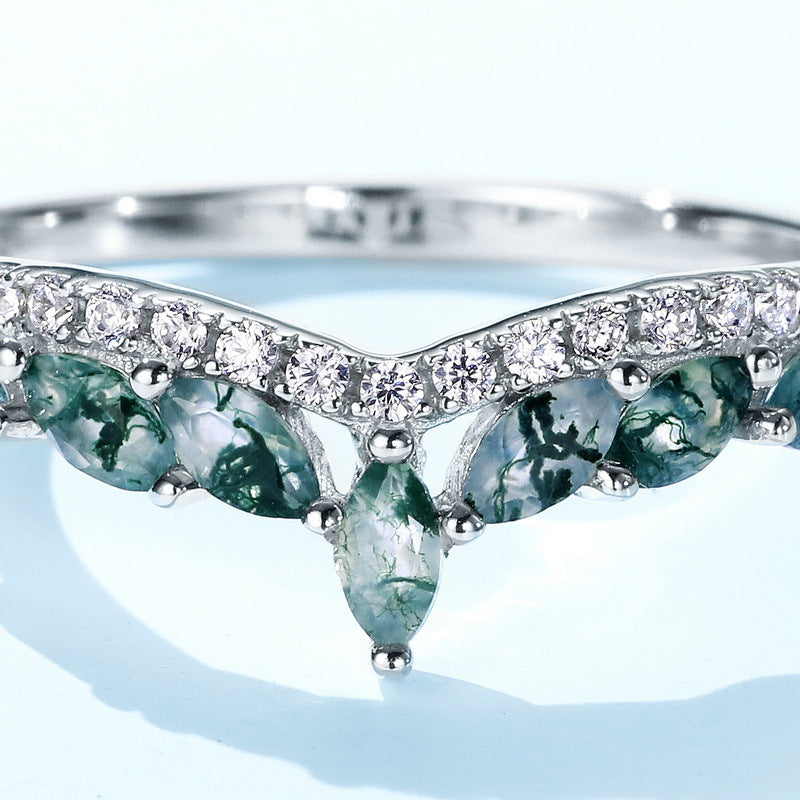 Cross-border new products exclusively for S925 silver green moss ring water grass agate jewelry noble light luxury fashion European and American style